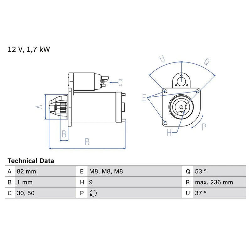 Bosch Starter Motor 12V 1.7kW 9 Teeth 0 986 025 380