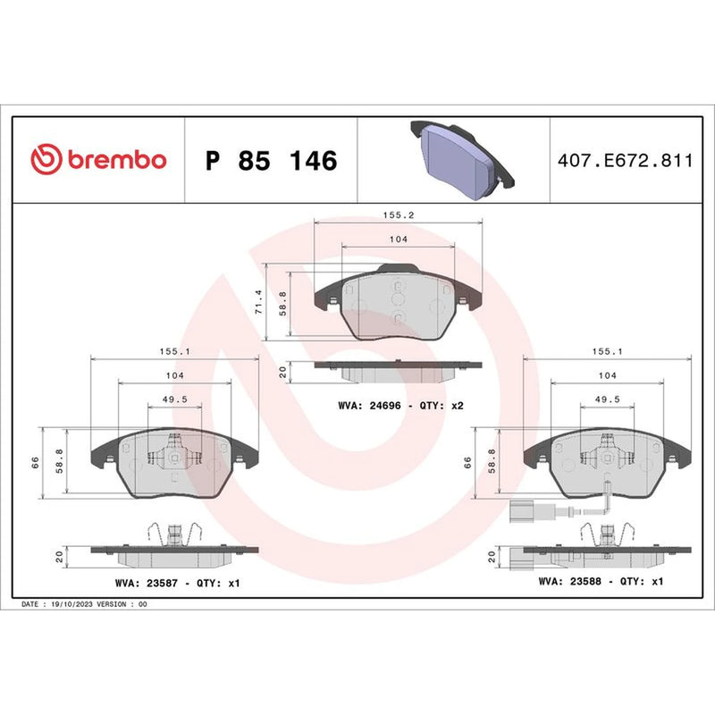 Brembo 4 x Front Brake Pad Set fits Audi A1 2010-2018 1.2 1.4 1.6 2.0