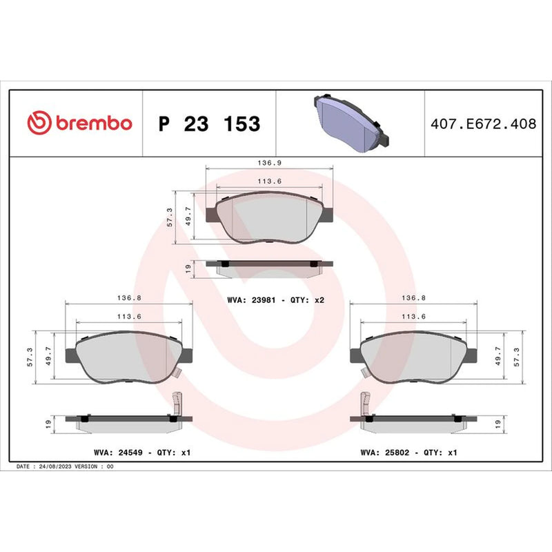 Brembo 4 x Front Brake Pad Set fits Fiat 500L 2012-2018 0.9 1.3 1.4 1.6