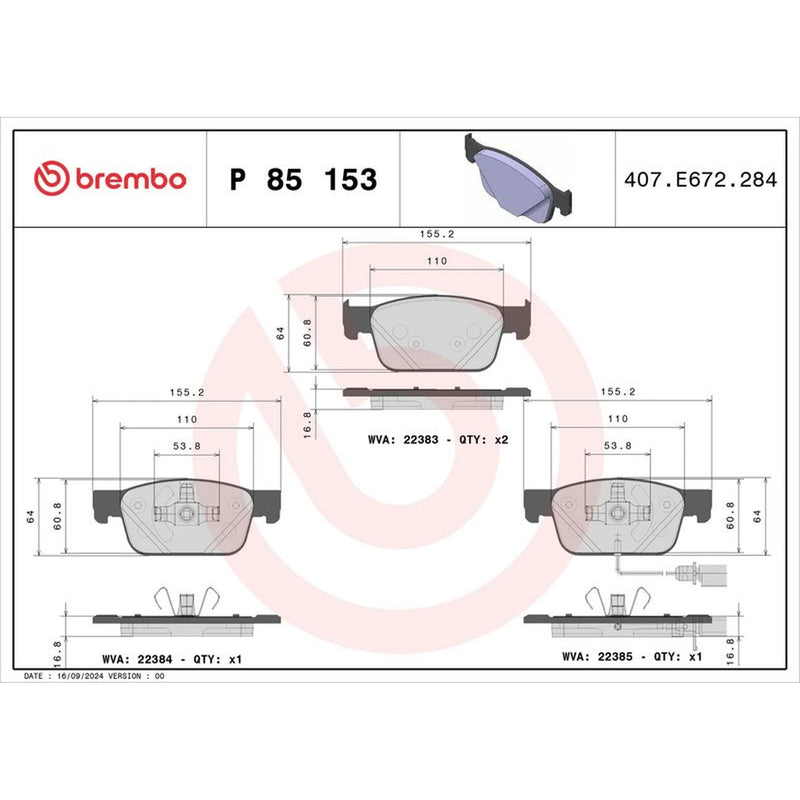 Brembo 4 x Front Brake Pad Set fits Audi A4 Allroad B9 2016-2020 2.0 3.0