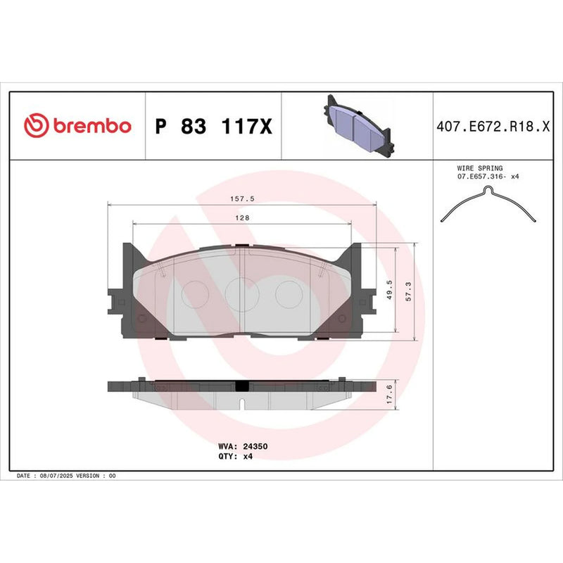Brembo 4 x Front Brake Pad Set fits Lexus Es 2012-2018