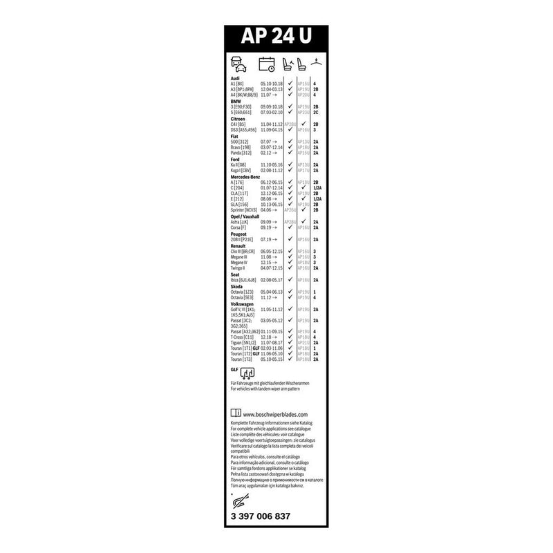 Bosch Aerotwin Wiper Blade 600mm — AP24U fits Abarth 500 / 595 / 695 2008 on 1.4