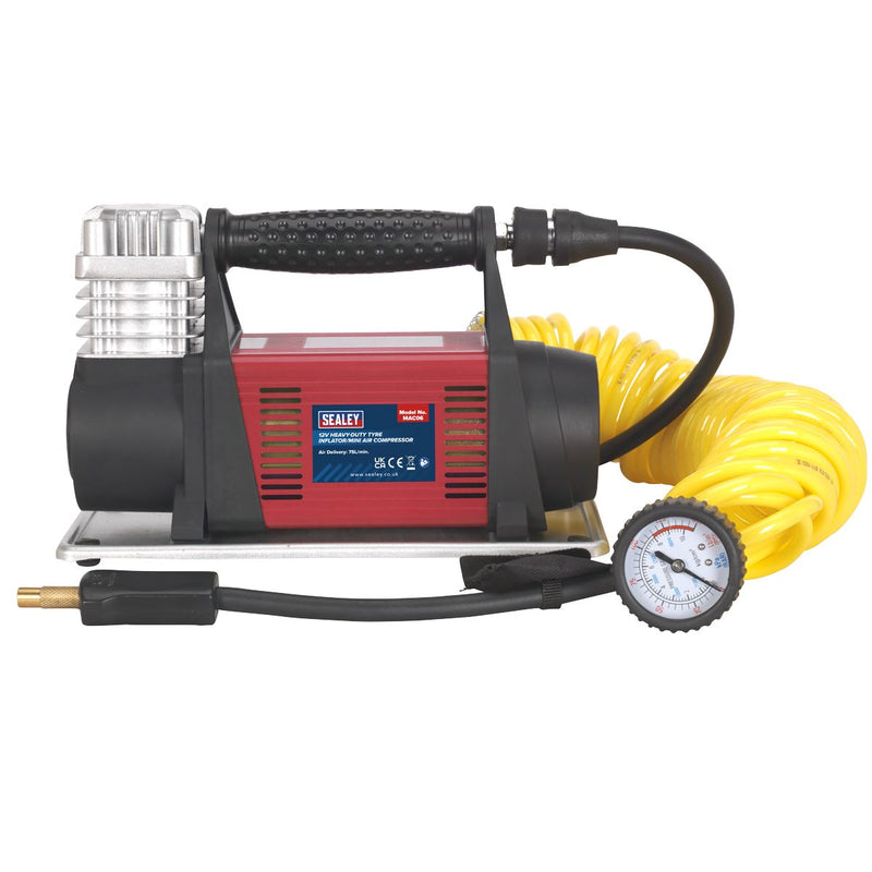 Sealey Tyre Inflator/Mini Air Compressor 12V Heavy-Duty MAC06 Sealey - Dynamic Drive