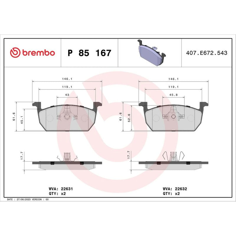 Brembo 4 x Front Brake Pad Set fits Audi A1 2018 on