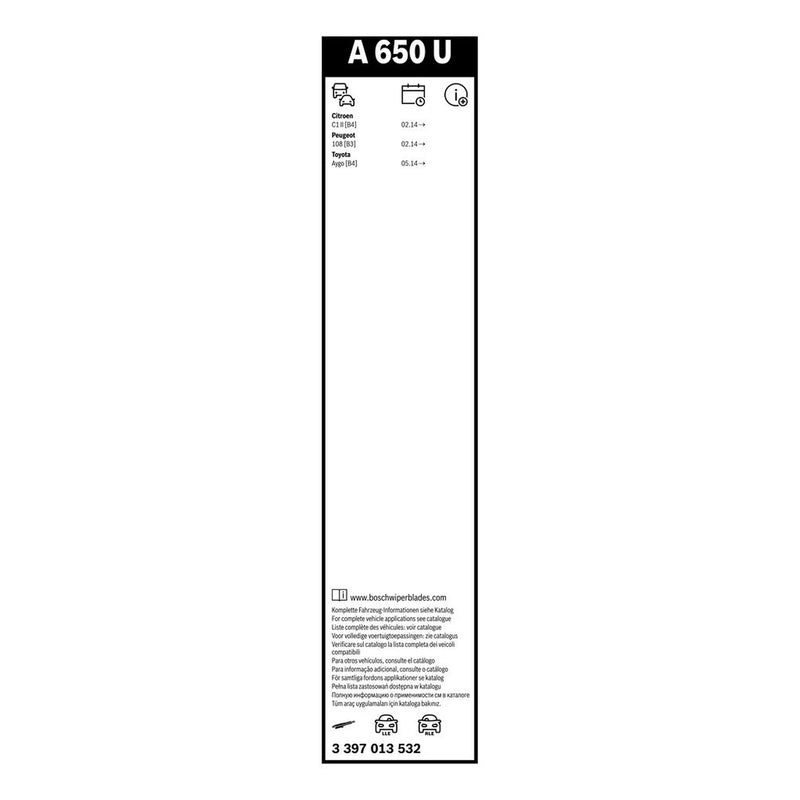 Bosch Aerotwin Wiper Blade 650mm — A650U fits Citroën C1 II 2014-2021 1.0 1.2