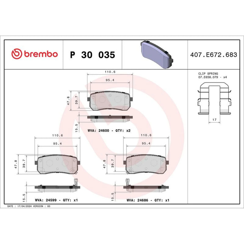 Brembo 4 x Rear Brake Pad Set fits Hyundai I800 Travel 2008 on 2.5