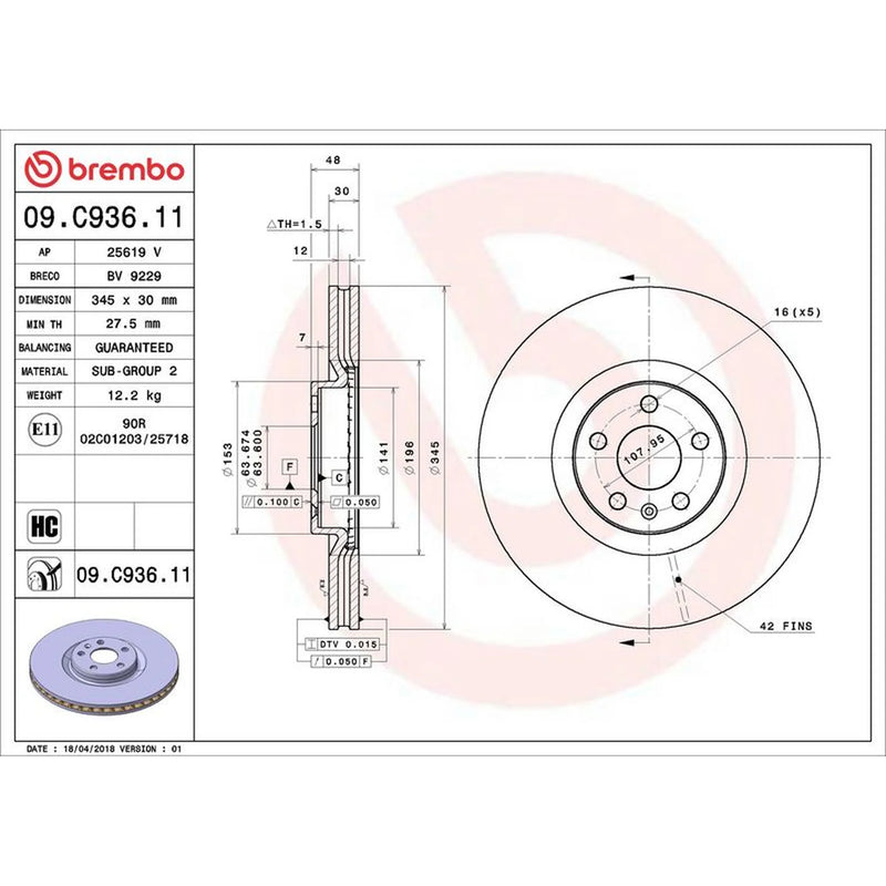 Brembo Front Brake Internally Vented Discs & Pads fits Volvo V60 II 2018-2021