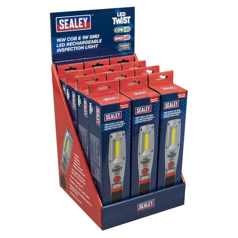 LED Twist Rechargeable Inspection Light 16W COB & 1W SMD - Display Box of 12 Sealey - Dynamic Drive