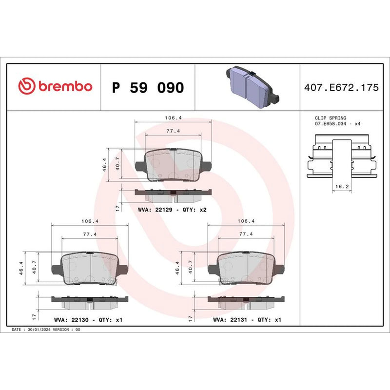 Brembo 4 x Rear Brake Pad Set fits Chevrolet Bolt 2016 on