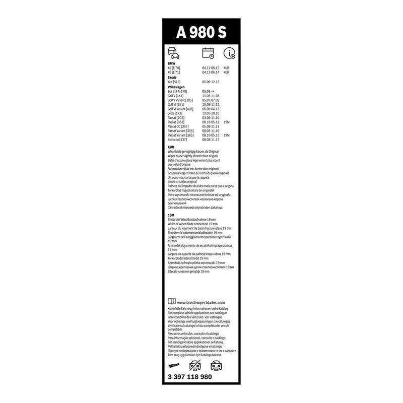 Bosch Aerotwin Wiper Blade Set 600mm + 475mm — A980S fits Aiways U5 2020 on