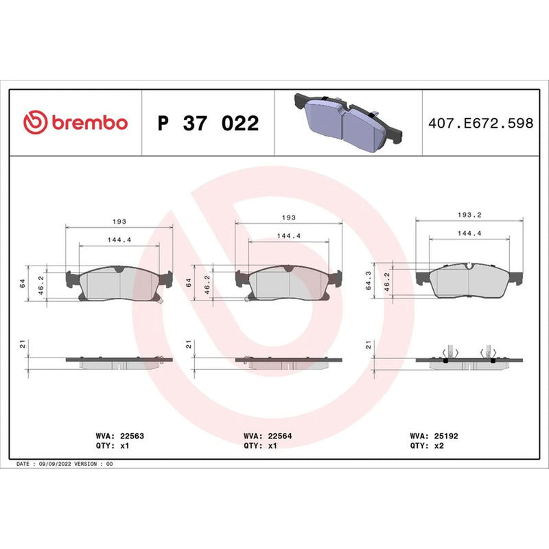 Brembo 4 x Front Brake Pad Set fits Jeep Grand Cherokee 2013 on 3.0 5.7