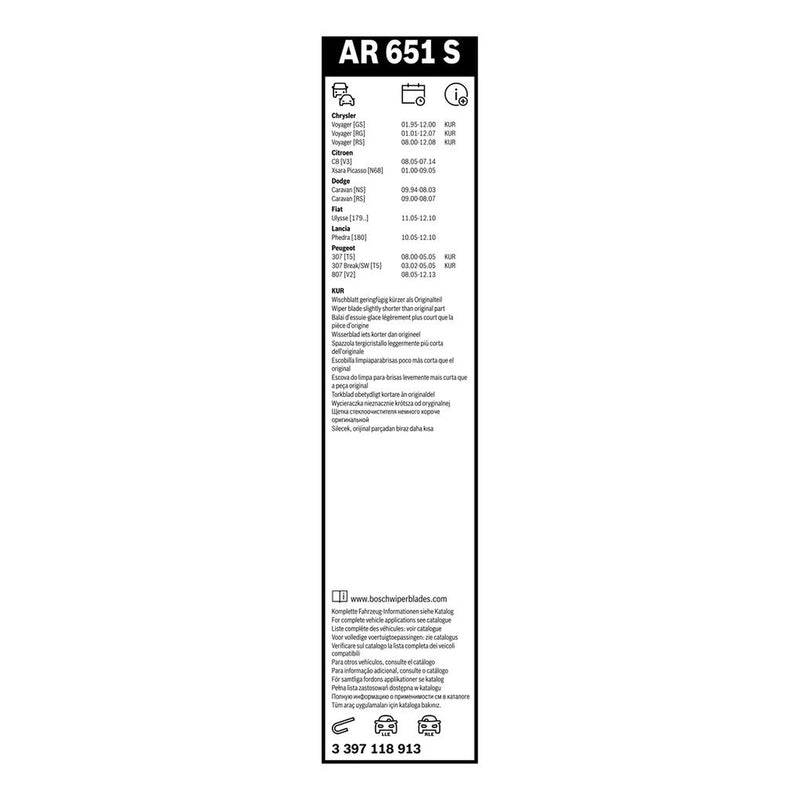Bosch Aerotwin Front Wiper Blade Set 650mm + 650mm — AR651S fits Chrysler Tacuma