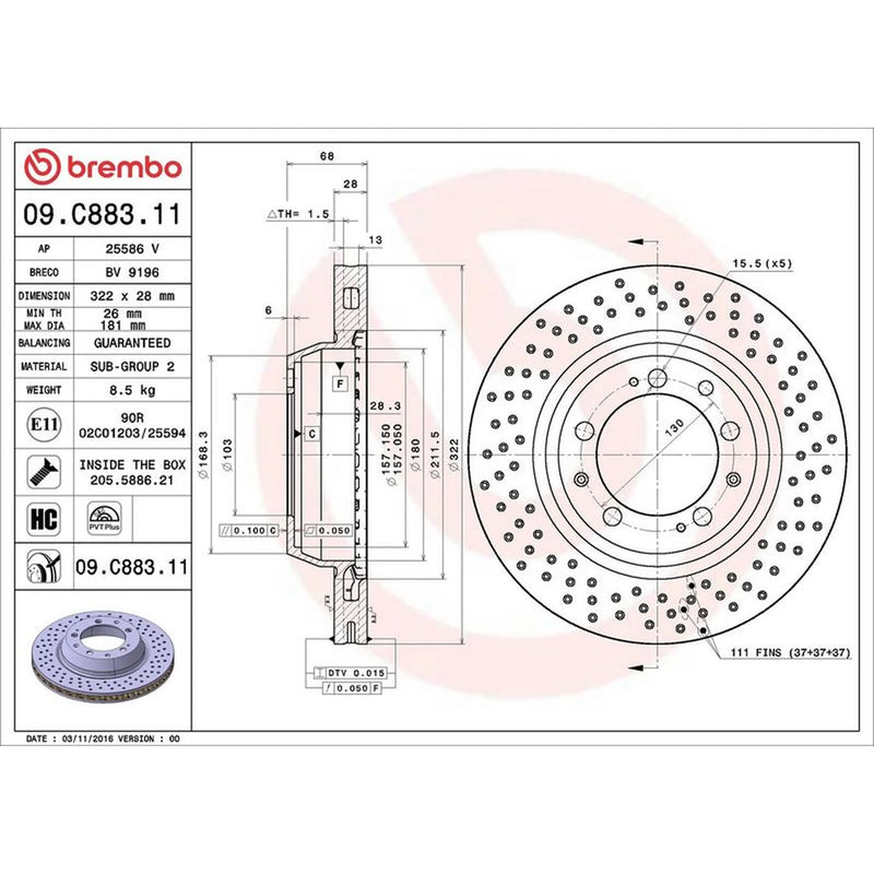 Brembo 2 x Perforated/Vented Rear Brake Discs 09.C883.11-x2