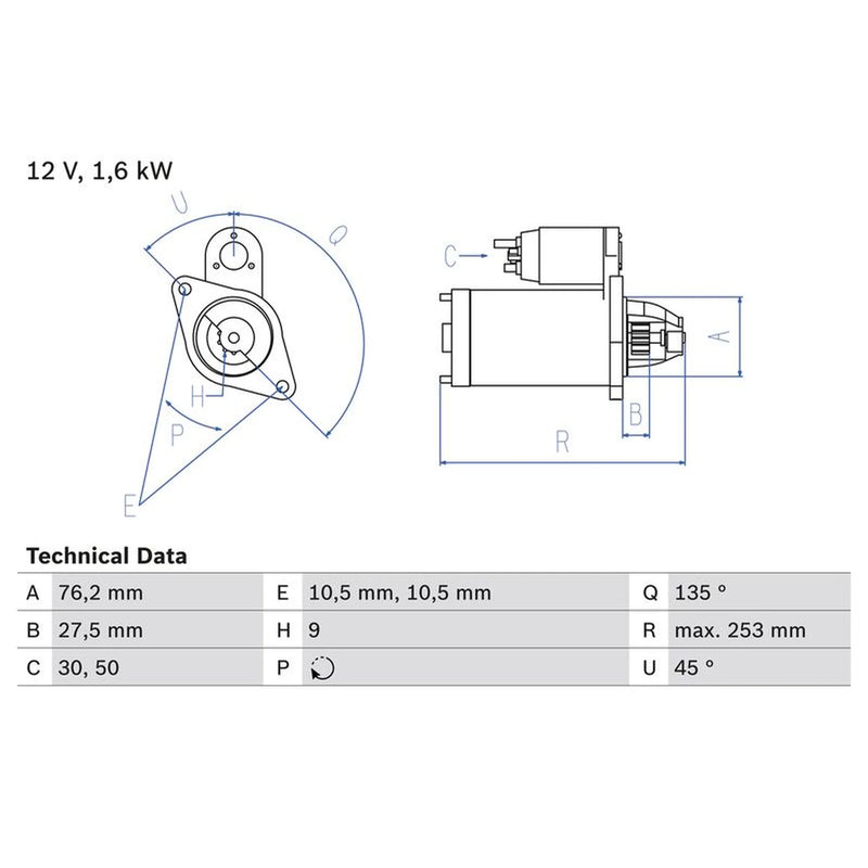 Bosch Starter Motor 12V 1.6kW 9 Teeth