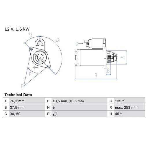 Bosch Starter Motor 12V 1.6kW 9 Teeth