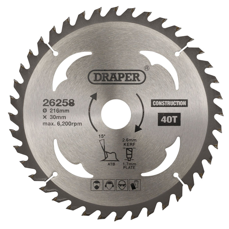 Draper TCT Construction Circular Saw Blade, 216 x 30mm, 40T 26258 Draper - Dynamic Drive