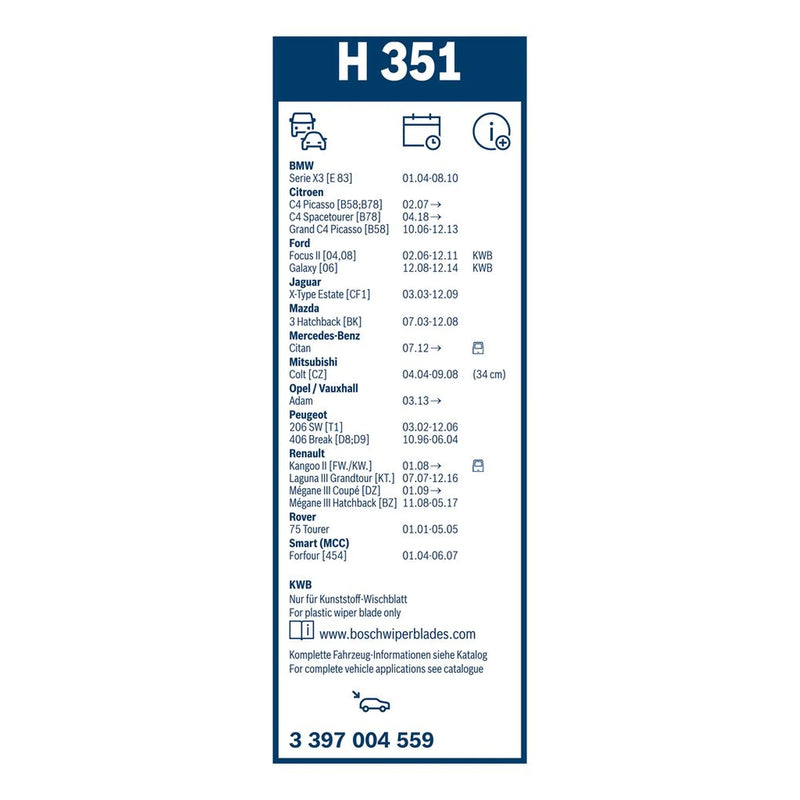 Bosch Conventional Wiper Blade 350mm — H351 fits BMW X3 2003-2011 2.0 2.5 3.0