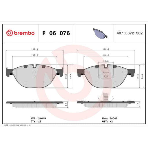 Brembo 4 x Front Brake Pad Set fits Alpina B7 2009-2012