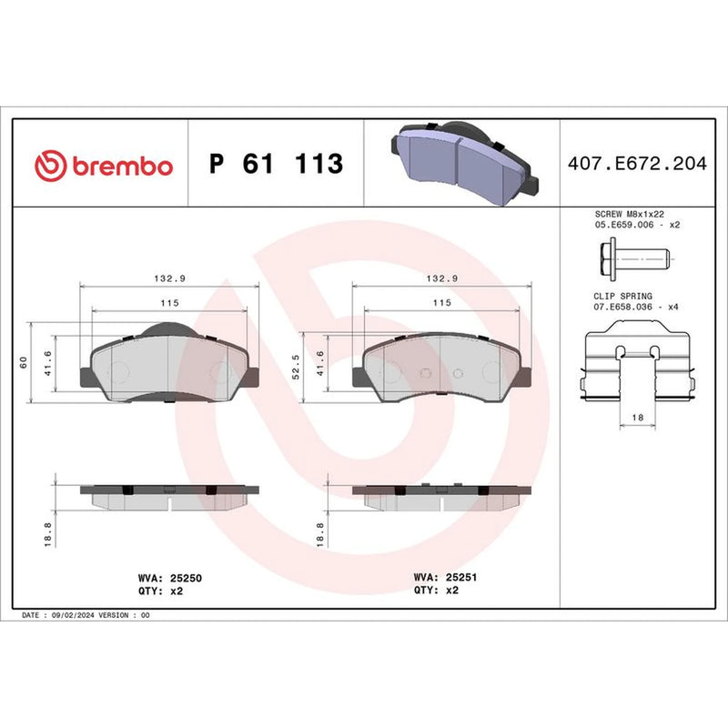 Brembo 4 x Front Brake Pad Set fits Citroën C-Elysee 2012-2018 1.2 1.6