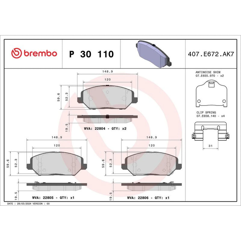 Brembo 4 x Front Brake Pad Set fits Hyundai I30 2016-2020 1.0 1.4 1.5 1.6