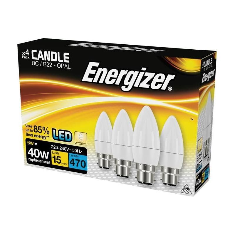Energizer® LED BC (B22) Opal Candle Non-Dimmable Bulb, Warm White 470 lm 5.2W (Pack 4) Energizer® - NN4 Online