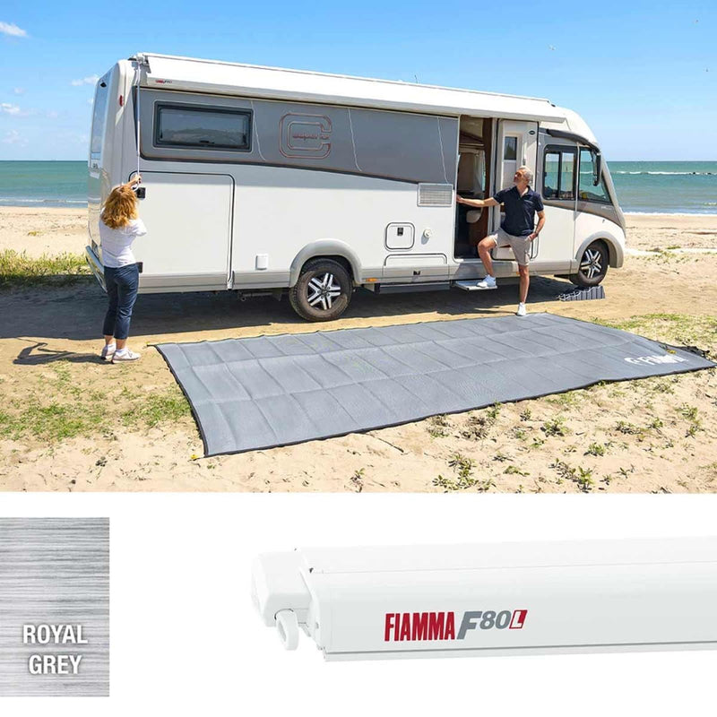 Fiamma F80L 500 Awning Polar White - Royal Grey (07840H03R) Winch Handle Roof Mounted Fiamma - Dynamic Drive