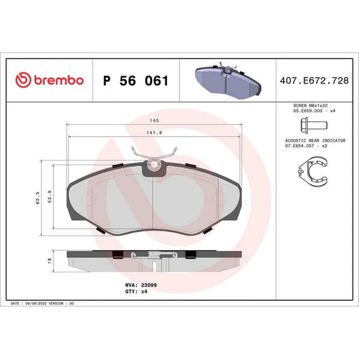 Brembo 4 x Front Brake Pad Set fits Nissan Primastar 2001-2006 1.9 2.0 2.5