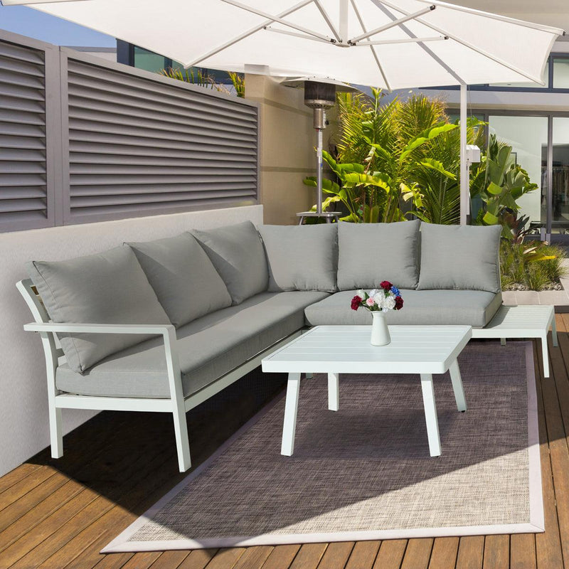 Dellonda Kyoto White 3 Piece Outdoor Garden Corner Sofa & Coffee Table Set Dellonda - Dynamic Drive