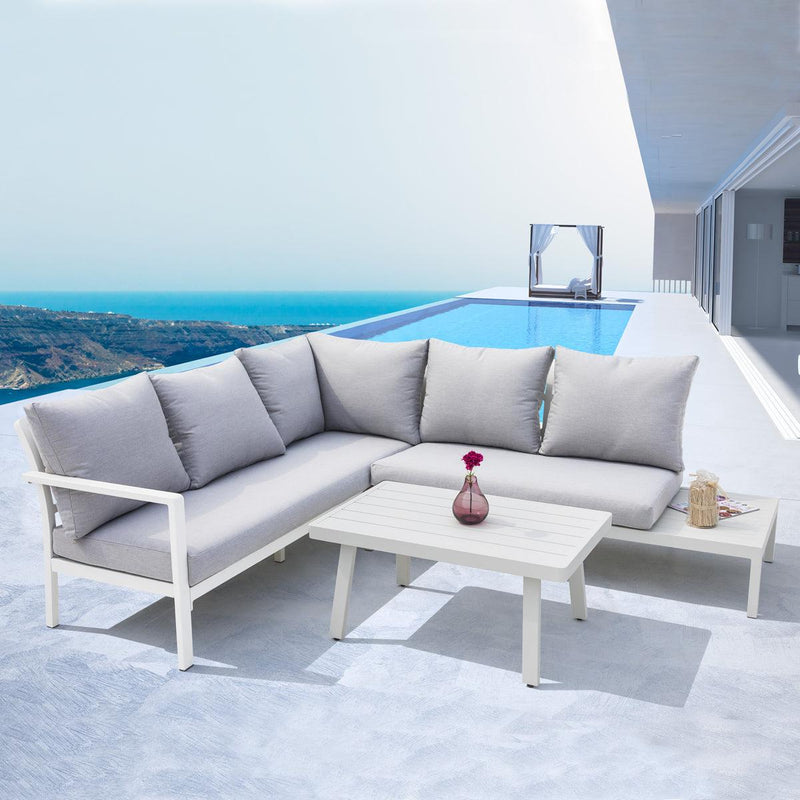 Dellonda Kyoto White 3 Piece Outdoor Garden Corner Sofa & Coffee Table Set Dellonda - Dynamic Drive
