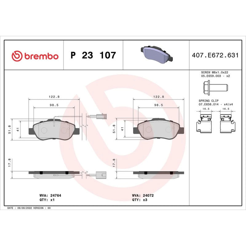 Brembo 4 x Front Brake Pad Set fits Fiat 500 2007 on 1.3