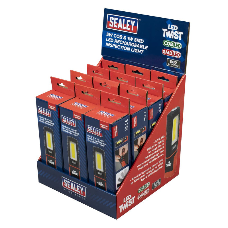 LED Twist Rechargeable Inspection Light 5W COB & 1W SMD - Display Box of 12 Sealey - Dynamic Drive