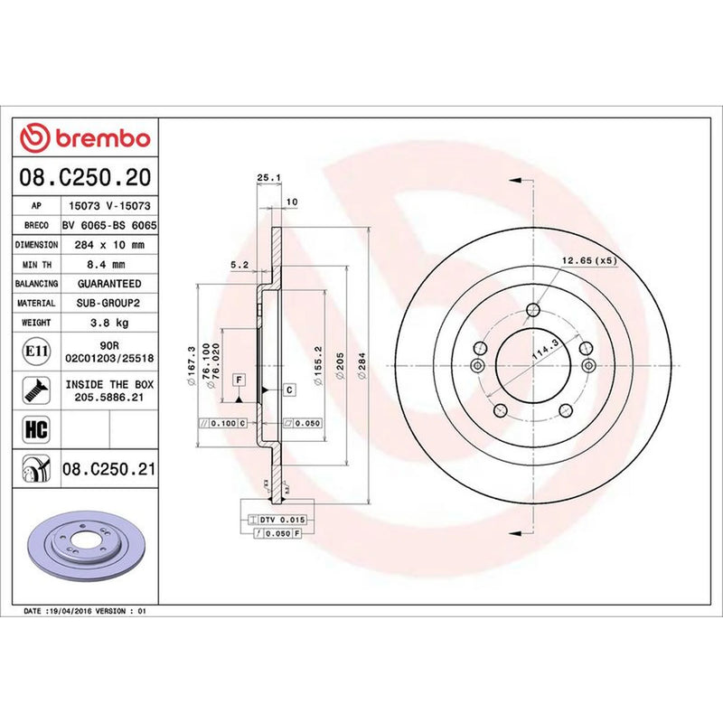 Brembo 2 x Solid Rear Brake Discs 08.C250.21-x2