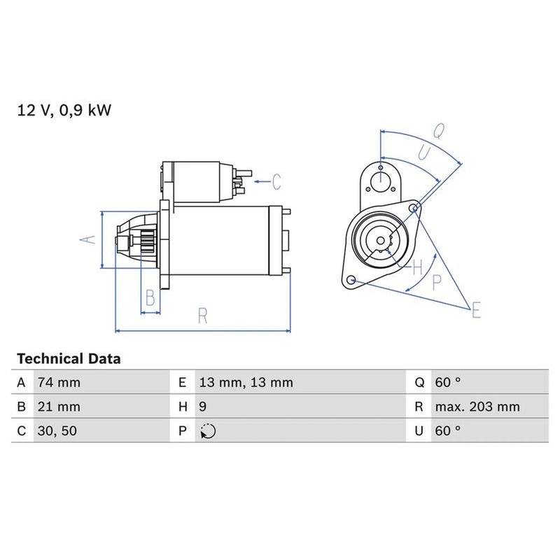 Bosch Starter Motor 12V 0.9kW 9 Teeth fits Mini Mini 2001-2008