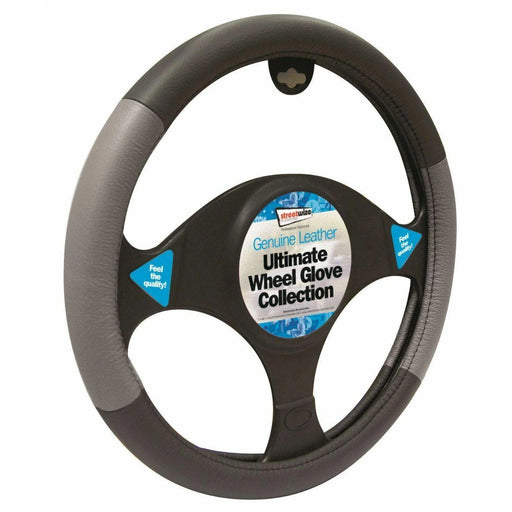 Streetwize Grey Black Genuine Leather Stitched Steering Wheel Cover Universal