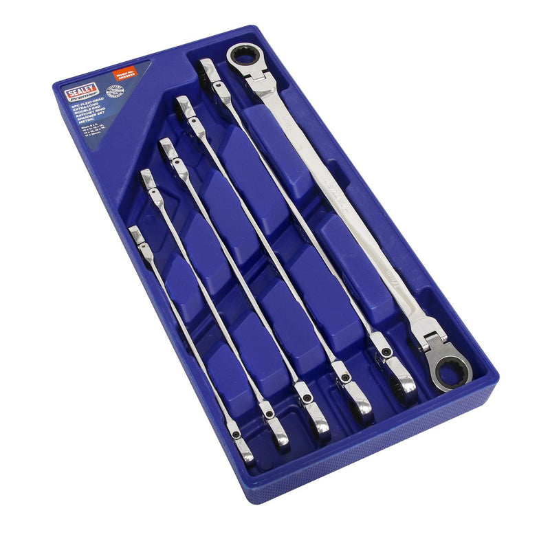 Sealey Flexi-Head Dble End Ratchet Ring Spanner Set 6pc Ex-Long MM AK63832 Sealey  - Dynamic Drive