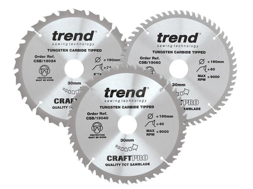 Trend CraftPro Saw Blade 190 x 30mm x 24T/40T/60T (Pack 3) Trend - Dynamic Drive