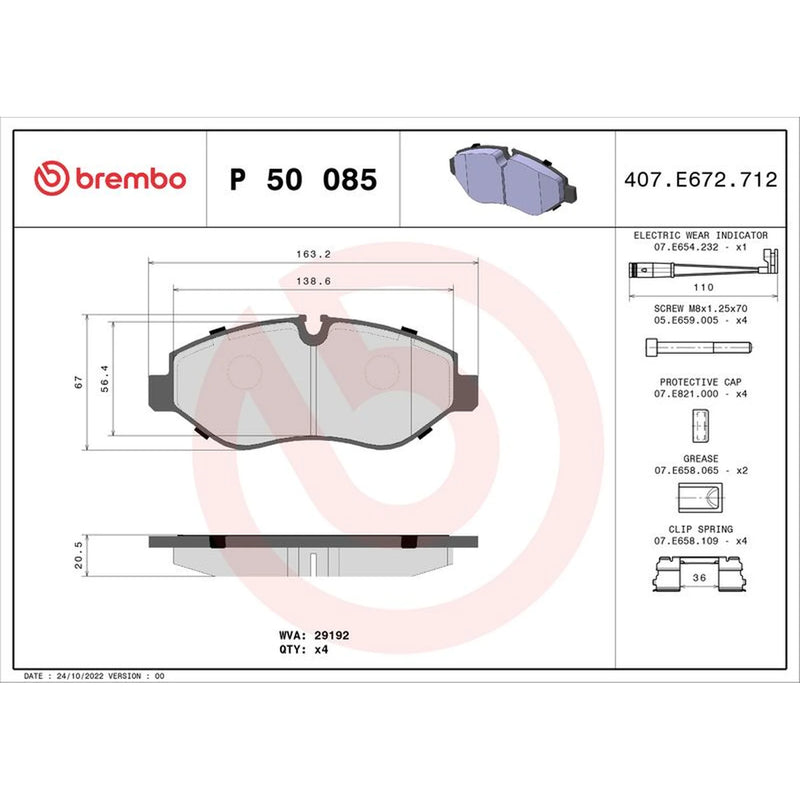 Brembo 4 x Front Brake Pad Set fits Mercedes-Benz Eqv 2020 on 447.813 447.815