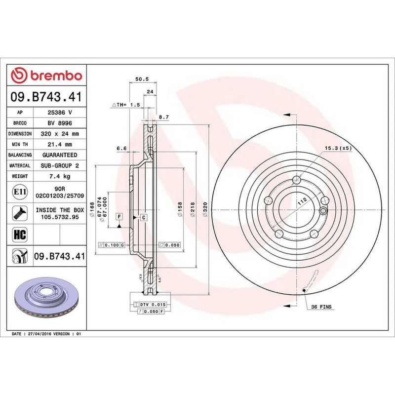 Brembo 2 x Internally Vented Brake Discs fits Mercedes-Benz Sl 2012-2020
