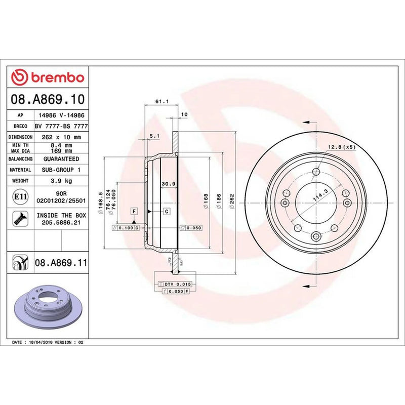 Brembo 2 x Solid Rear Brake Discs 08.A869.11-x2