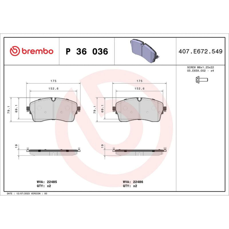 Brembo 4 x Front Brake Pad Set fits Jaguar E-Pace 2017-2018 2.0
