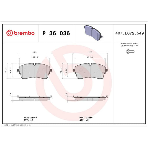 Brembo 4 x Front Brake Pad Set fits Jaguar E-Pace 2017-2018 2.0
