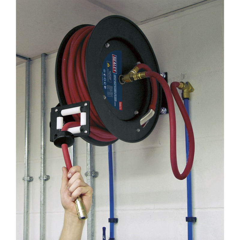 Sealey Retractable Air Hose Metal Reel 15m10mm ID Rubber Hose SA841 Sealey - Dynamic Drive