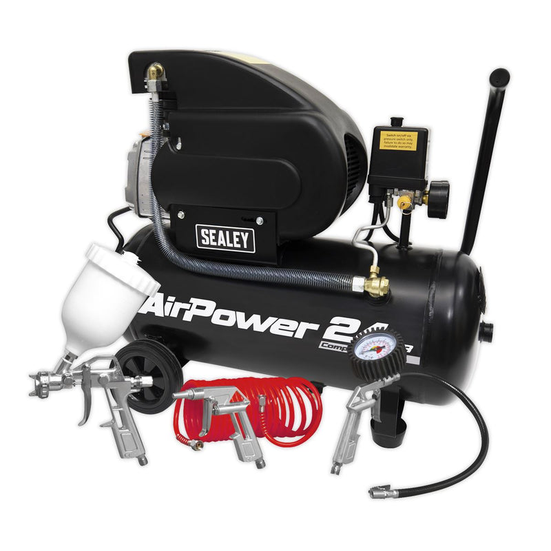 Sealey Air Compressor 24L Direct Drive 2hp with 4pc Air Accessory Kit SAC2420APK Sealey - Dynamic Drive