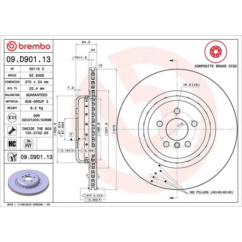 Brembo 2 x Aluminium Rear Brake Disc Hub Brake Discs 09.D901.13-x2