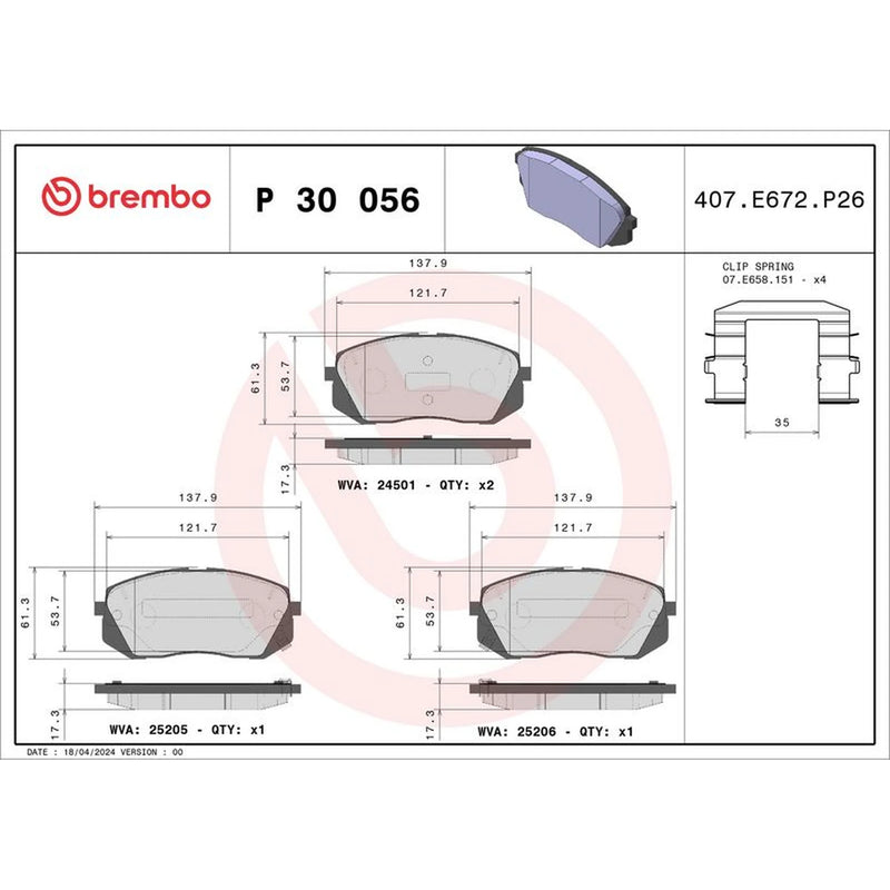 Brembo 4 x Front Brake Pad Set fits Hyundai I40 I 2012-2019 1.6 1.7 2.0