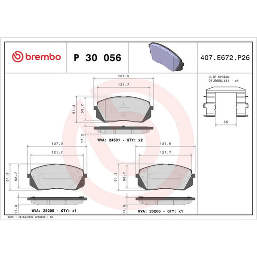 Brembo 4 x Front Brake Pad Set fits Hyundai I40 I 2012-2019 1.6 1.7 2.0