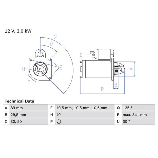 Bosch Starter Motor 12V 3kW 10 Teeth fits Volvo F4 1975-1986