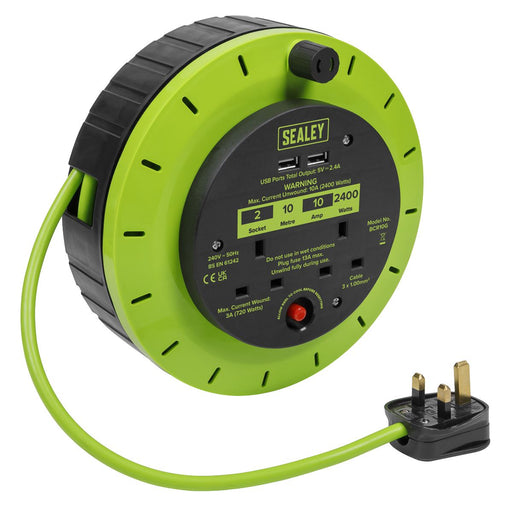 10m Cassette Type Cable Reel with Thermal Trip 2 x 230V & 2 x USB - Hi-Vis Green Sealey - Dynamic Drive