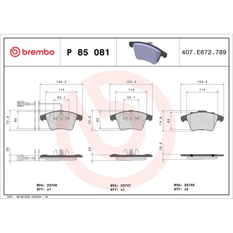 Brembo 4 x Front Brake Pad Set fits VW California T5 Camper 2007-2015 1.9 2.0