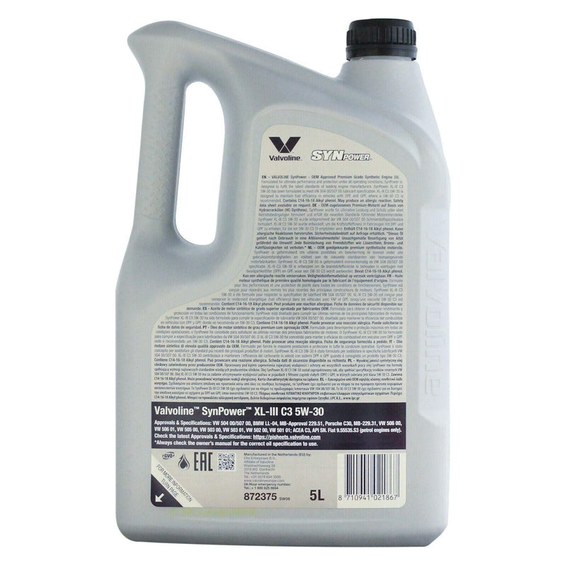 Valvoline SynPower XL-III C3 5W-30 5W30 Fully Synthetic Engine Oil - 5 Litres 5L Valvoline - Dynamic Drive